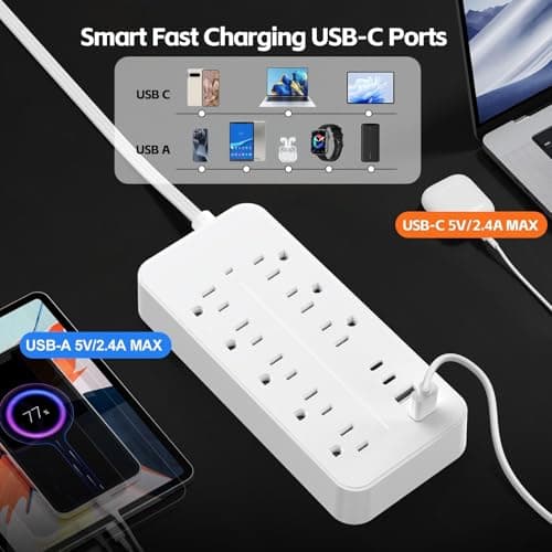 Flat Extension Cord 15 ft, Surge Protector Power Strip with 8 Outlets 4 USB Ports, 3 Prong, Outlet Extender Long Cord, Overload Protection for Indoor, Office Supplies, Dorm Room Essentials, White - Thumbnail 6