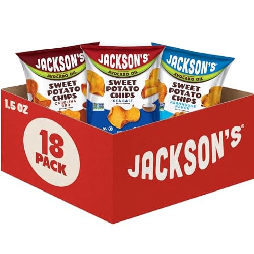 Jackson’s Sweet Potato Kettle Chips Avocado Oil Variety Pack made with Premium Oils (1.5 oz, Pack of 18) Sea Salt, Ranch, and BBQ Flavors - Allergen-friendly, Gluten Free, Vegan - Image 1