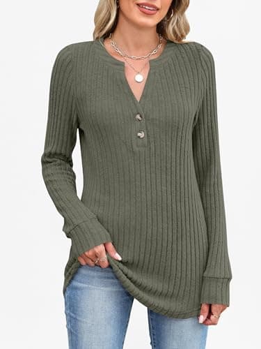 ANRABESS Womens Long Sleeve Henley Shirts 2026 Fall Tunic Tops Ribbed Knit Lightweight Sweaters Dressy Casual Blouse Outfits Deep Green Medium - Thumbnail 2