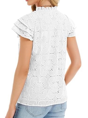 Funlingo Womens Eyelet Tops Summer Ruffle Cap Sleeve Blouses Dressy Casual Hollow Out Crochet Lace Embroidered Shirts 2026 Trendy Fashion White L - Thumbnail 4