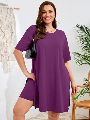 AusLook Plus Size Lounge Set for Women 2 Piece Outfit Oversized Tunic Top and Biker Shorts Purple 4X Matching Set Side Slit Casual Comfy Summer Outfit Travel Airport Look Maternity Friendly Sets - Thumbnail 4