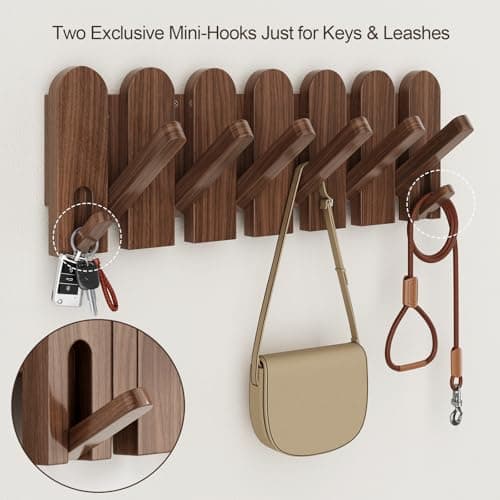 Sueuapp Walnut Wood Coat Rack Wall Mount,16.5" Wall Mounted Coat Rack with 8 Retractable Hangers,Heavy Duty Coat Hooks for Hanging Coats,Hats,Towels,Bags,Key Holder for Entryway - Thumbnail 4