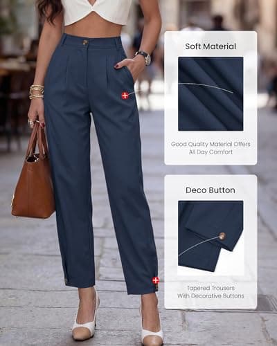 BTFBM Women's Pants Spring Fall 2026 Casual Loose Pleated Trousers Tapered Slacks Pockets Dressy Business Work Outfits(Dark Blue, X-Large) - Thumbnail 4