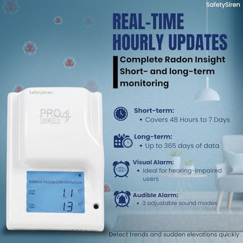 Safety Siren Pro4 Radon Detector, Continuous Radon Gas Monitoring with Audible & Visual Alarms | Short & Long-Term Radon Detection for Home, Basement, Garage and Office Use | Made in USA, Since 1993 - Thumbnail 5