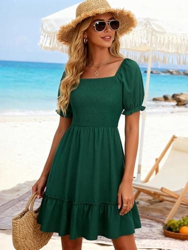 Berydress Green Dress 2026 Vacation Square Neck Short Sleeve Sundress with Pockets Flowy Tiered Smocked Babydoll Boho Casual Dresses(L,6295-Green) - Thumbnail 6