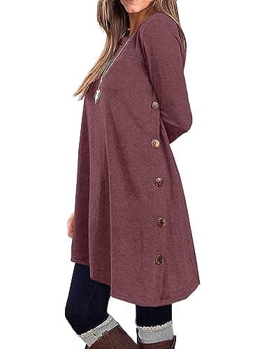 KORSIS Dresses for Women Red Pear Large Long Sleeve Round Neck Casual Button Side T Shirts Loose Fitting Girls Sweater Fall Winter Tunic Dress - Image 1