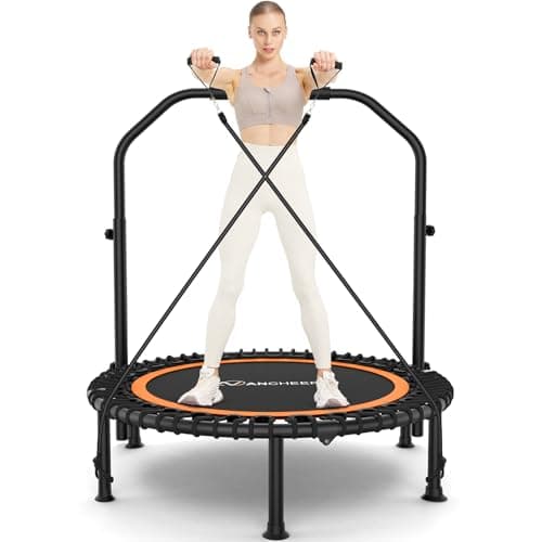 ANCHEER 48" Foldable Mini Trampolines - Max Load 350lbs - 450lbs Indoor Exercise Equipment - with 4 Level Adjustable Foam Handle and Resistance Bands - Adult Exercise Rebounder Trampolines for Home
