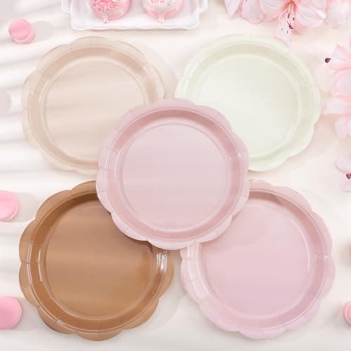 NatNarr 48 Pcs Boho Paper Plates, 4 Colors Gradient Scalloped Paper Plates 9 Inch Brown Disposable Dinner Dessert Plate for Birthday Party Wedding Baby Bridal Shower - Thumbnail 3