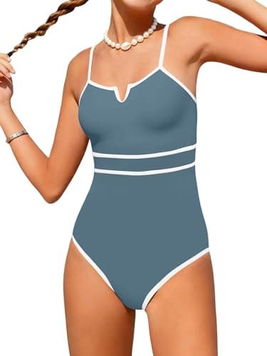 AMAWMW Teen Girls Swimsuit One Piece Bathing Suit V-Neck Cutout Swimwear Summer Beach Swim Suit for Girls 7-16Y, Gray Blue, 15-16Y - Image 1