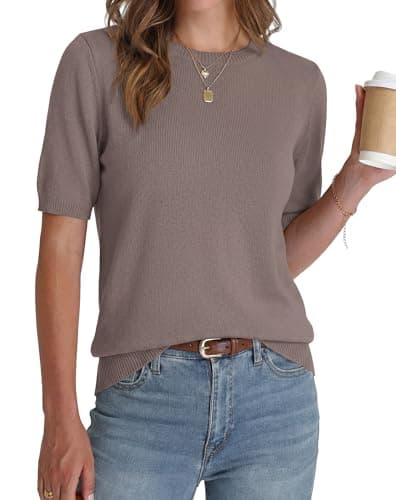 BTFBM Women's Short Sleeve Sweaters 2026 Summer Crew Neck Knit Work Shirts Business Casual Tops Basic Fall Fashion Clothing(Apricot Khaki, Medium) - Thumbnail 4