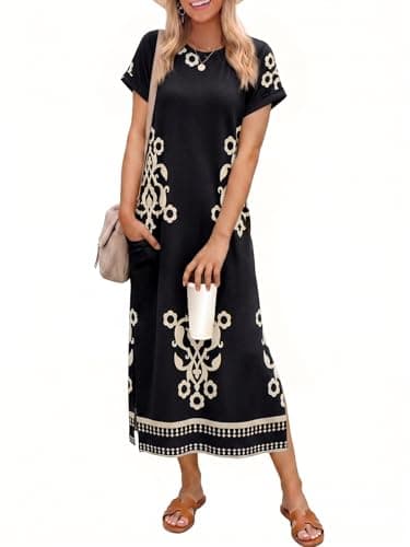 Wenrine Womens Summer Floral Maxi Dress Short Sleeve Casual Loose Sundresses Split Vacation Beach Long T Shirt Dress C-Black - Image 1