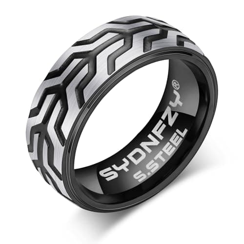 SYDNFZY Mens Wedding Band Ring - 8mm Fashion Classic Stainless Steel Engagement Promise Rings for Men Women, Cool Tire Tread Pattern Ring for Men Biker Bands Comfort Fit Jewelry Gift Ring Size 6 7 8 9 10 11 - Image 1