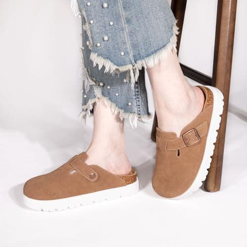 Brelzo Calvior Women's Platform Suede Clogs Slip-On Mules Non-Slip Potato Shoes Sandals with Arch Support Adjustable Buckle Chestnut - Thumbnail 2