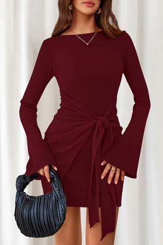 dowerme Women's Casual Mini Dress 2026 Bell Long Sleeve Boat Neck Tie Waist Bodycon Dresses Knitted Party Fall Outfits(Burgundy,X-Large) - Thumbnail 2