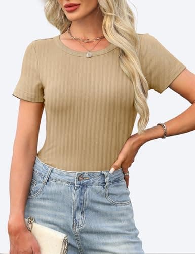 GKBK Womens Short Sleeve Shirts Crew Neck Ribbed Fitted Tight Shirts Layering Top Basic Tee Tshirts Cute Summer Tops Casual Spring Clothes Outfits 2026 Trendy Khaki - Thumbnail 3
