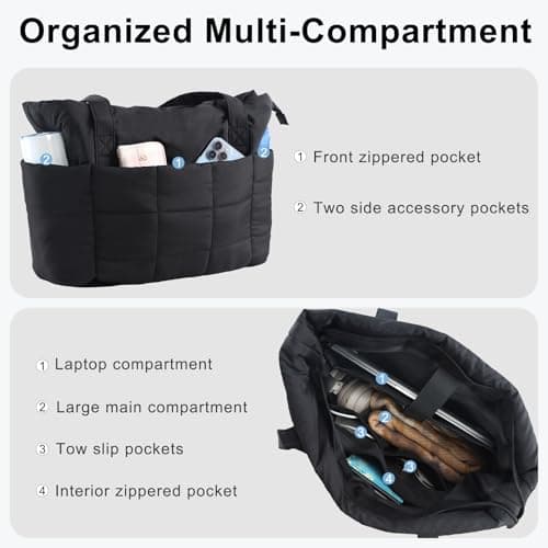 U+U Puffer Tote Bag for Women, Quilted Work Handbag with Compartments, Lightweight Puffy Shoulder Bag with Yoga Mat Strap for Daily, Travel, and Gym (Black) - Thumbnail 6
