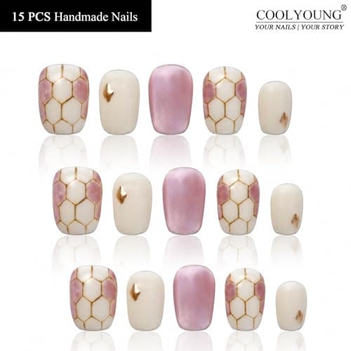 Handmade Nails Short Acrylic Press On Nails Women Gifts Press On Nails 3D Cat Eye Pink Nails COOLYOUNG Fake Nails, COOLYOUNG 15 PCS, Size L - Thumbnail 2