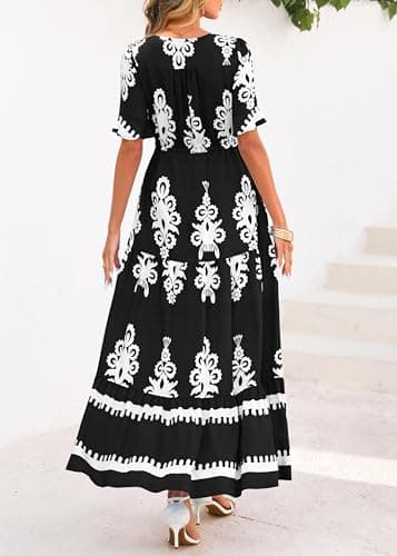 Lazysmile Summer Dresses for Women Short Sleeve V Neck Floral Drawstring Flowy A Line Boho Maxi Dress with Pockets Black - Thumbnail 2