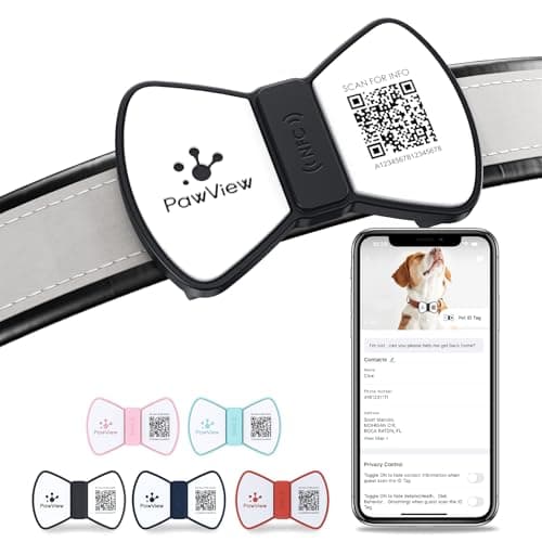 PawView Smart Pet ID Tag, QR Code Dog Tag, No Subscription Fee, Waterproof Silent Silicone Pet Name Tag with Instant Scan Location Alert, Stylish Bowtie Great Easter & Spring Accessory for Dog (Black)