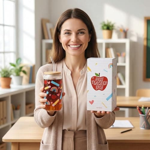 Celebloom Teacher Appreciation Gifts for Women Glass Cup with Lid Straw - Thumbnail 3