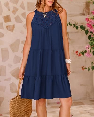 BTFBM Women Summer Dresses 2026 Casual Spring Clothes Sleeveless Halter Neck A-Line Boho Mini Dress Beach Vacation Sundress(Dark Blue, XX-Large) - Thumbnail 3
