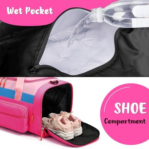 WOOMADA Kids Travel Bag with Shoe & Wet Pockets, Carry On Duffle Bag for Overnight Trips, Sports, School(hot pink) - Thumbnail 3