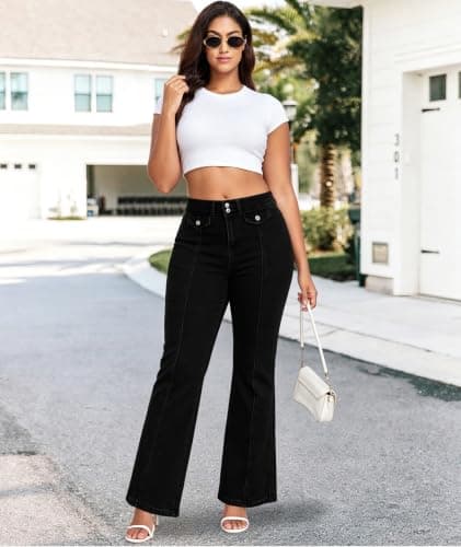 MARIASHA Jeans for Women Flared Leg Stretch High Wasited Printed Pocket Pants Black XL - Thumbnail 2