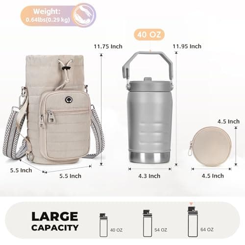YIQUN Water Bottle Carrier Bag with Strap Insulated Water Bottle Carrier Sling Bag with Phone Pocket for Walking, Hiking, Cycling, Water Bottle Holder with Strap (Khaki, L (40oz-64oz)) - Thumbnail 3