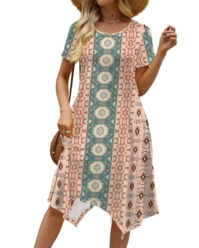 COSSEN Casual Summer Midi Dress for Women Pink Boho Printed Medium 2026 Short Sleeve Crew Neck Flowy Beach Dress with Pockets - Image 1