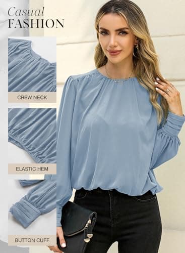 Dokotoo Womens Ladies Spring Long Sleeve Tunic Tops and Blouses for Women 2026 Summer Fashion Crewneck Padded Shoulder Casual Loose Fitting Trendy Dressy Work Shirts Blue X-Large - Thumbnail 5