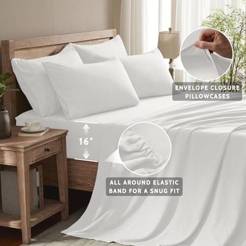 USXIBEI King Size Sheets Set - 6 Piece Luxuriously Soft & Cooling Sheets King Size - Ultra Soft 16" Deep Pocket King Sheet Set - Fitted Sheet & Pillowcase Sets (King White) - Thumbnail 3