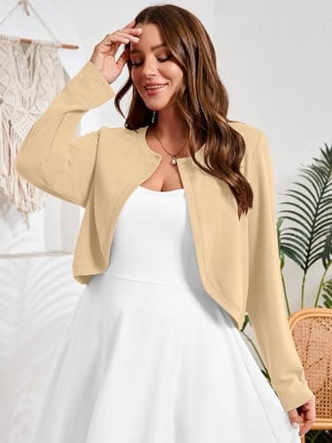 AusLook Plus Size Women Shrugs Long Sleeve Khaki Heather 5X Open Front Cardigan Knit Lightweight Coat Cropped Bolero Tops Shawls and Wraps Dressy Sweater - Thumbnail 5