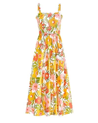 PRETTYGARDEN Womens Summer Dresses 2026 Casual Spaghetti Strap Ruffle Smocked Flowy Floral Spring Maxi Dress with Pocket(White Yellow Flower,X-Large) - Image 1