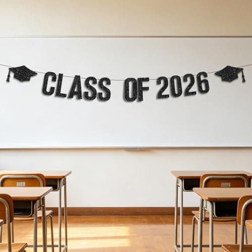 Oeyliz 2026 Graduation Banners Class of 2026 Graduation Banners Black Glitter Class of 2026 with Graduation Cap Banner Garland for Home School Decor Congratulation Graduations Party Supplies - Image 1