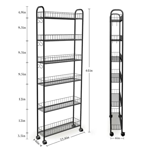 Seadasyoon 6in 6 Tier Slim Storage Cart with Wheels, Narrow Space Rolling Shelving Unit, Metal Wire Mobile Organizer Rack for Kitchen Bathroom Office Laundry - Thumbnail 5