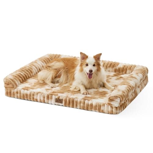 COZY KISS Ultra Soft Faux Rabbit Fur Dog Bed for Large Dogs – 44"x32" Orthopedic Foam Couch, Removable Washable Cover & Waterproof Lining, Tie-Dye Brown