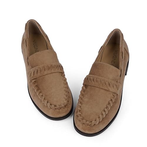 VIUGJNEX Women's Loafers Suede Tan Penny Loafers Comfortable Dressy Shoes Slip On Pumps Low Chunky Heel Business Casual Size 10 - Thumbnail 5