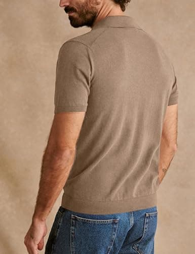 Yeokou Men Knit Polo Shirts Short Sleeve Collared Pullover Casual Golf Tops Summer Stylish Tee(Khaki-S) - Thumbnail 3