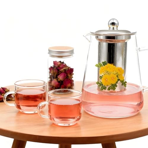 Flower Tea Pot Set Glass Teapot Stovetop Gift, 32OZ High Temperature Resistant Borosilicate Clear Tea Kettle with Infuser as Tea Lover Gifts Uesd for Home&Office Decor - Thumbnail 4