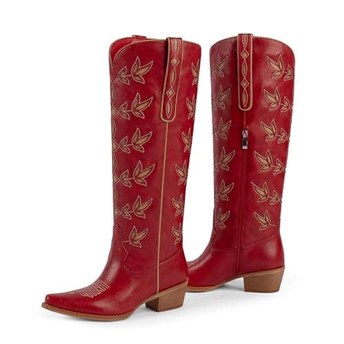 QIY Red Cowboy Boots for Women Embroidered Pointed Toe Cow Girl Classic Block Heel Nashville Knee High Western Cowgirl Boots Size 7 - Thumbnail 4
