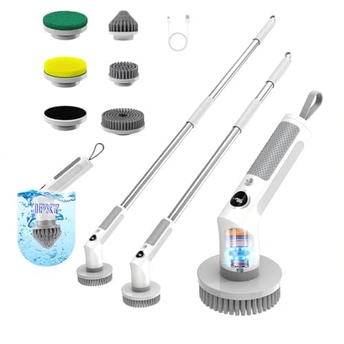 Electric Spin Scrubber, Cordless 20W High-Torque Cleaning Brush Bathroom Scrubber, IPX7 Waterproof Electric Scrubber with 6 Brush Heads, Extendable Long Handle Power Scrubber for Bathtub Floor - Image 1