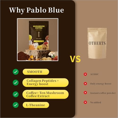 Pablo Blue Instant Mushroom Coffee & Collagen Coffee with 10 Organic Mushrooms – Lion’s Mane, Chaga, Reishi, L-Theanine in Mushroom Instant Coffee for Focus, Skin, Gut Health & Immunity, 30 Serv. - Thumbnail 6