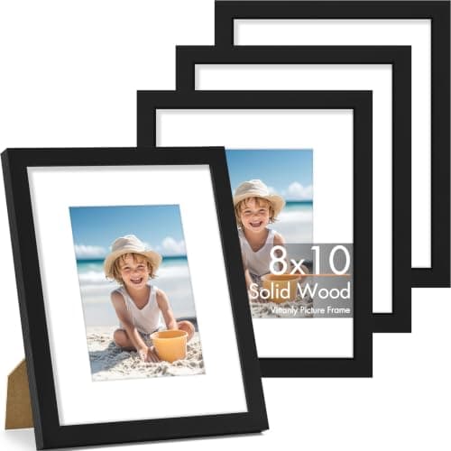 Vittanly Solid Wood 8x10 Picture Frame Set of 4, Picture Frames for Wall or Tabletop, Display 5x7 Photos with Mat or 8x10 without Mat, Black