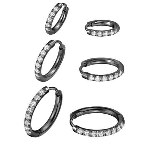 ENVYOU 316L Surgical Steel Huggie Hoop Earrings,Dainty Pave Cubic Zirconia Cartilage Tiny Earring for Sensitive Ears Hypoallergenic Lightweight (Black,18G 8/10/12mm) - Image 1
