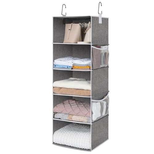 StorageWorks 5-Shelf Hanging Shelves for Closet, Foldable Hanging Closet Organizers with 2 Side Pockets, Portable Clothes Organizers for Bedroom, Wardrobe, 12 1⁄2" D x 15" W x 48" H, Gray - Image 1