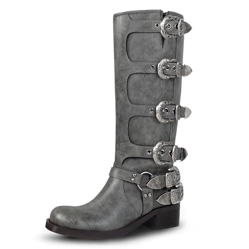 LeunDen Gray Women's Knee High Riding Boots, Motorcycle Boots with Square Toe Chunky Heel Fashion Buckles Tall Biker Boots Size 9