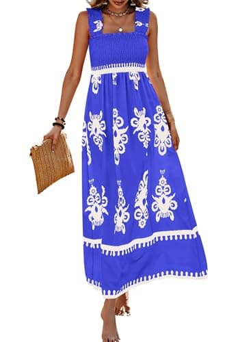 PRETTYGARDEN Womens Summer Boho Maxi Dress 2026 Casual Sleeveless Square Neck Floral Aline Smocked Beach Dresses with Pockets (Floral Royal Blue White,X-Large) - Image 1