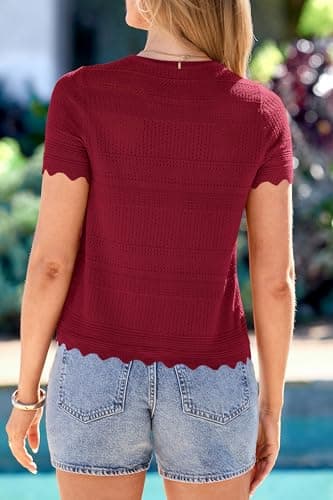 dowerme Women Summer Cardigan Sweaters 2026 Fashion Short Sleeve V Neck Crochet Crop Tops Spring Beach Vacation Clothes(Burgundy,Large) - Thumbnail 3