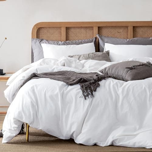 ATsense Duvet Cover Queen Size, 100% Washed Cotton Linen Feel Super Soft Comfortable, 3-Piece White Duvet Cover Bedding Set, Long-Lasting and Easy Care, Simple Style Farmhouse Comforter Cover - Image 1