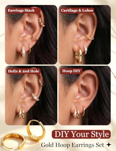 8 Pairs Gold Hoop Earrings Set for Women, 14K Gold Plated CZ Cartilage Earring for Multiple Piercing, Lightweight Hypoallergenic Small Hoop Stackable Jewelry Gift - Thumbnail 3